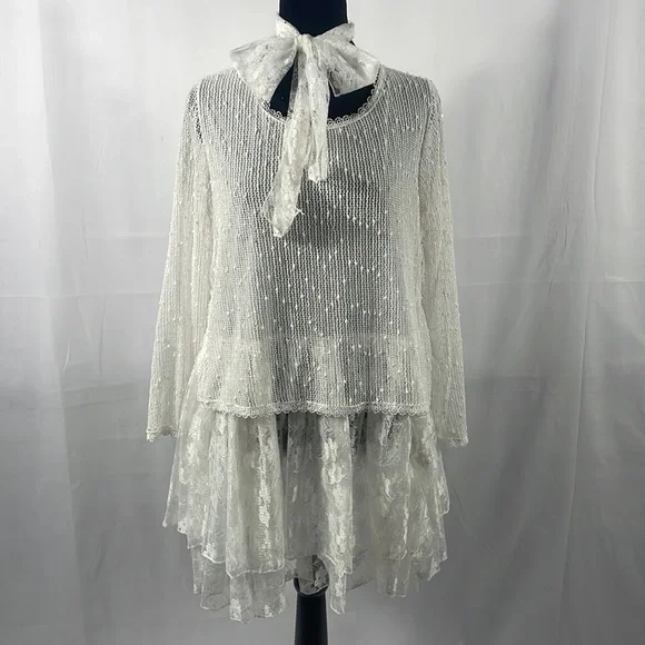 Simply Couture, Baby doll, layered Dress,Lace, with bow tie scarf, White, Medium - Picture 1 of 10